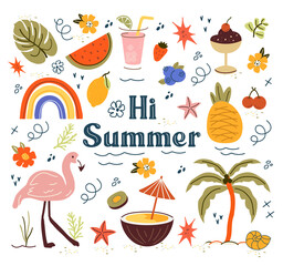 trendy, tropical fruits, desserts, summer elements. naive,  set, isolated elements on a white background. minimalist, childish, naive style. for print, banners, social networks, business. art png