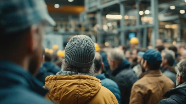 Crowd of workers wearing safety helmets and jackets gathered in an industrial factory setting