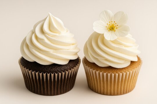 Two cupcakes topped with whipped cream