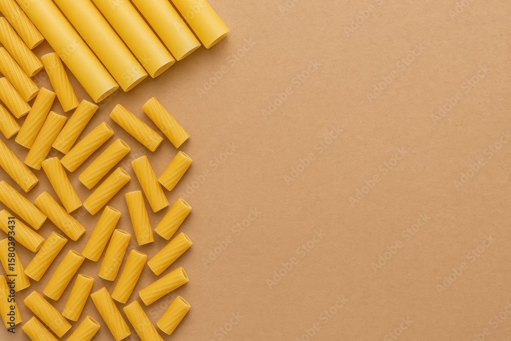 Poster overhead shot of uncooked pasta varieties on textured paper surface with empty space for text