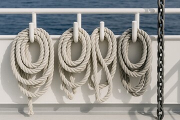 Coiled ropes and hanging cables on a vessel's deck, including a heavy iron chain and yachting gear.
