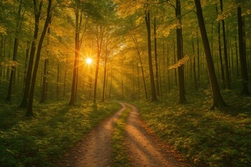 Fototapeta premium Autumn evening glow over lush green woodland