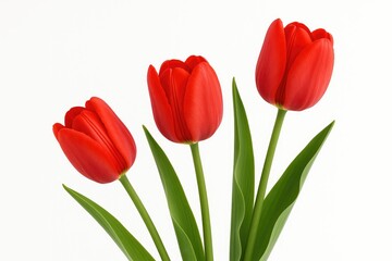 Fototapeta premium Three crimson tulips isolated on a white backdrop