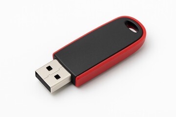 A white background featuring a red and black USB flash drive