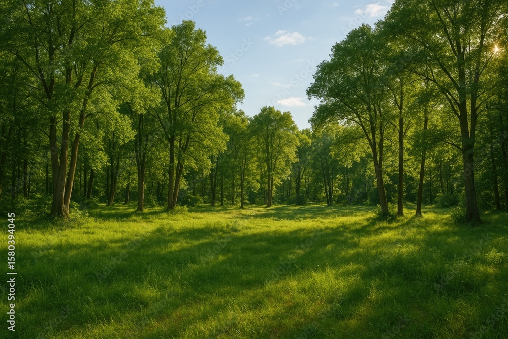 Poster scenic summer view with lush trees and forest backdrop in panoramic format