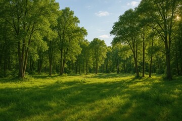 Obraz premium Scenic summer view with lush trees and forest backdrop in panoramic format