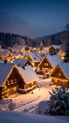Fototapeta premium Snowy village at night, illuminated by warm lights