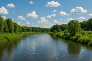 Obraz premium The stream meanders through lush green shores