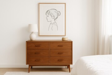 Vibrant bedroom decor featuring a sleek wooden dresser and wall art