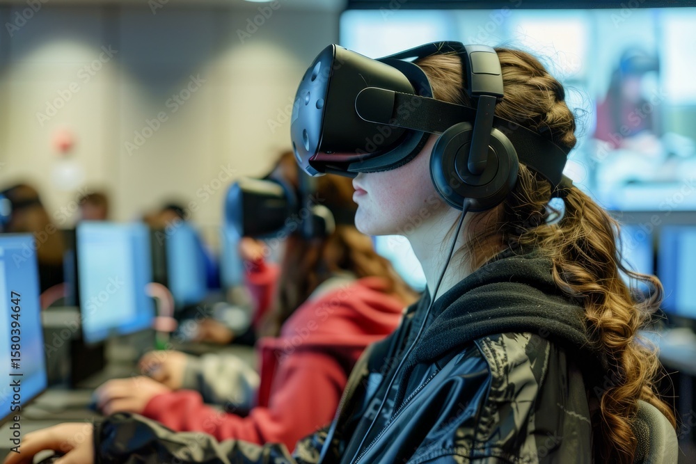 Poster female student using vr headset in class, exploring immersive learning experience with virtual reali