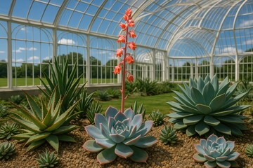 Obraz premium Indoor succulent garden with lush grass and clear blue sky overhead