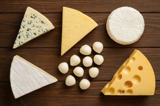 Assorted cheese varieties arranged on a wooden surface from a top-down perspective