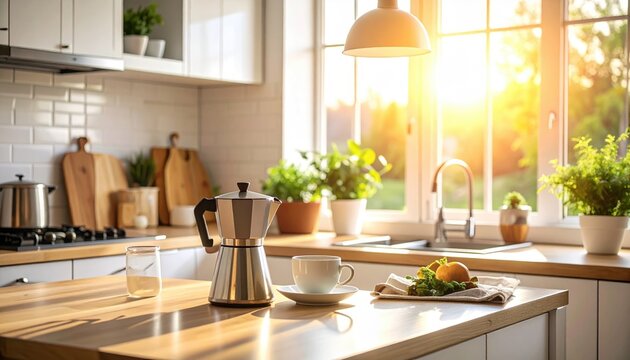 A bright kitchen interior with a Moka pot coffee cup and fresh fruit on a wooden counter bathed in warm sunlight - Powered by Adobe