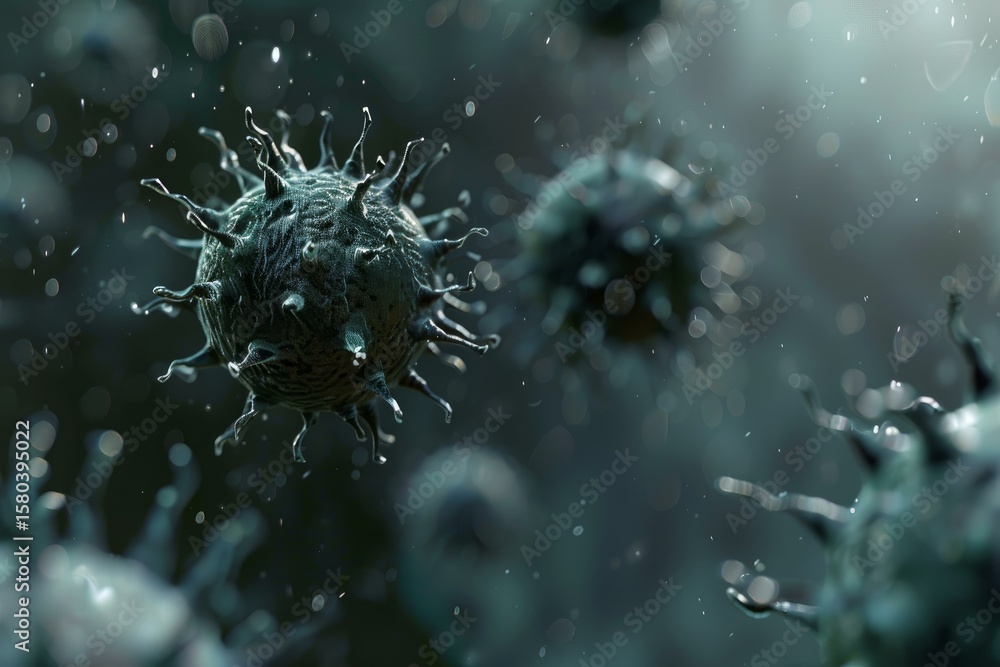 Poster microscopic view of virus cells with probes floating in a dark environment, causing infectious disea