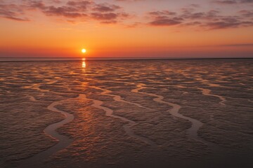 Evening scene of mudflats during low tide at Pinkewad, located south of a West Frisian island.