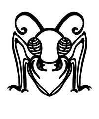 Stylized black and white ant face illustration with large eyes and intricate antennae. A unique and simple insect design, perfect for logos, nature themes, or graphic elements.