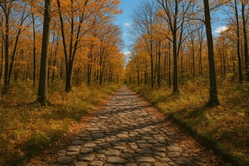 Obraz premium Woodland trail with stone paving under a clear blue sky