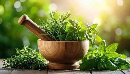 Fresh green rosemary basil mint and thyme herbs fill a wooden mortar and pestle on a rustic table under bright sunlight