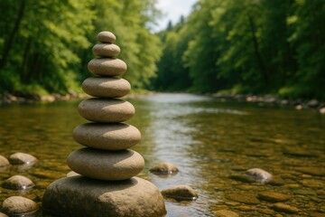 Tranquil river with balanced stones watching over a calm waterscape