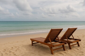 Two outdoor lounge chairs by the shoreline on a overcast day