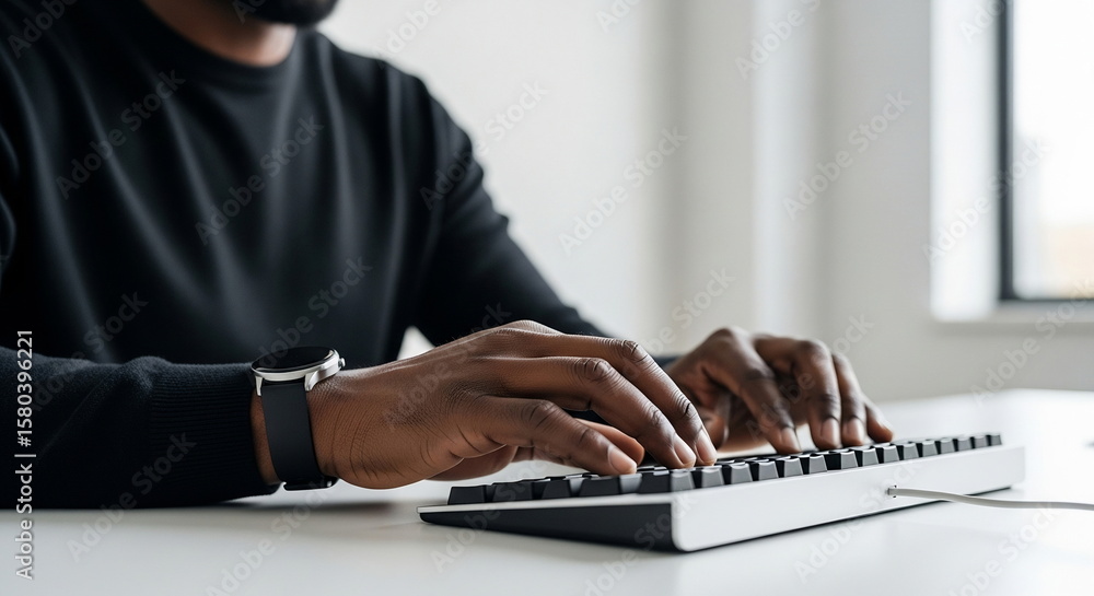 Poster closeup man hands typing modern computer keyboard work