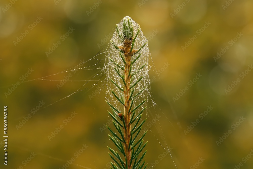 Poster close-up of a pine spruce branch adorned with delicate spider webs and dew drops against a soft boke