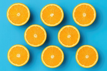Overhead perspective of halved oranges on a vibrant blue surface with a cutout shape