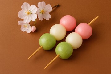 Two skewers of dango on a wooden surface