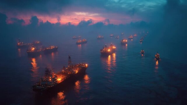 Fleet of Oil Tankers at Sea During Sunset with Bright Lights and Reflective Water
