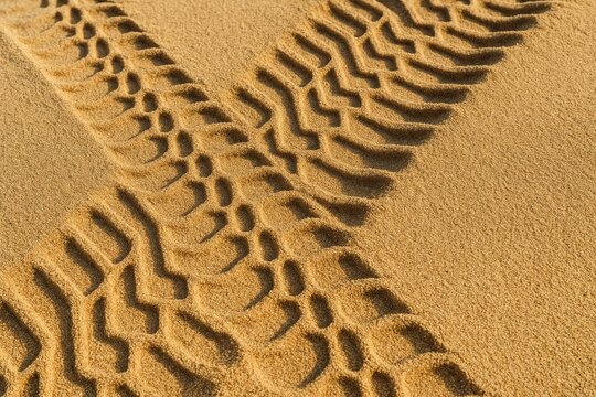 Unique tire track patterns on sandy shore with abstract textured background