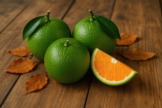 Fresh green oranges with a sliced wedge on a wooden surface