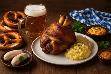 Authentic German-style dishes featuring roasted ham hock, complemented by craft beers, pretzels, and regional specialties set against a festive backdrop