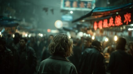 A woman with jacket walking through the crowd in a bustling cityscape, with glowing lanterns