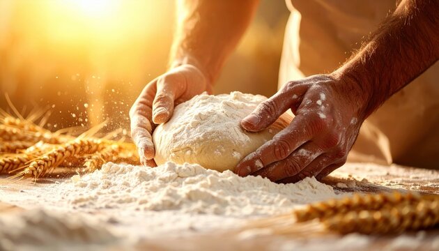 Baker's flour dusted hands knead fresh dough on a rustic table Golden light highlights scattered flour and wheat stalks