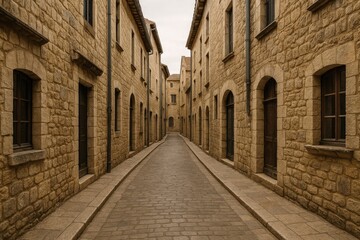 Fototapeta premium Historic alleyway featuring medieval stone structures in an old town setting. Travel inspiration with traditional architecture.