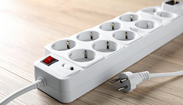 White extension cord with multiple plugs on light wooden surface