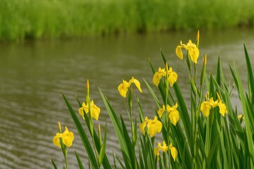 Blooming yellow waterlilies along the shoreline