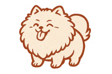 Playful pomeranian puppy with protruding pink tongue, cartoon-style rendering against transparent backdrop
