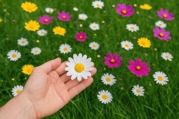 Blooming spring flowers against a lush grass garden backdrop