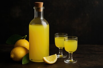 Vintage-style Italian lemon liqueur in a bottle against a dark textured backdrop with selective focus