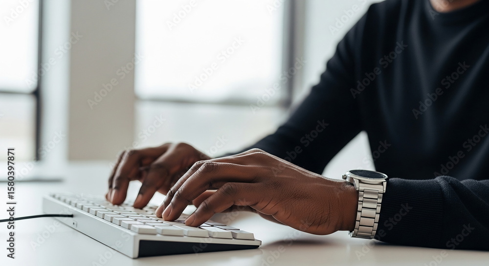 Poster close up hands typing white computer keyboard in office