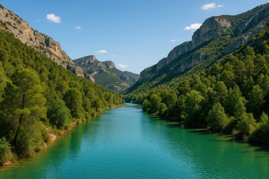 Scenic view of surrounding mountains overlooking a river on a bright, sunny day