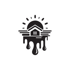 House with Sun and Dripping Paint Symbol