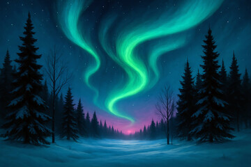 Naklejka premium Green aurora borealis over snowy forest at night northern lights
