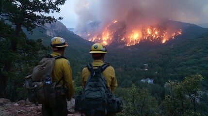 Naklejka premium Firefighter Watching Wildfire in Mountain