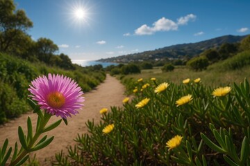 Obraz premium Seasonal flowers blooming along the pathway at a scenic coastal park