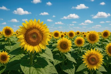 Fototapeta premium Vast sunflower meadow beneath a clear blue sky