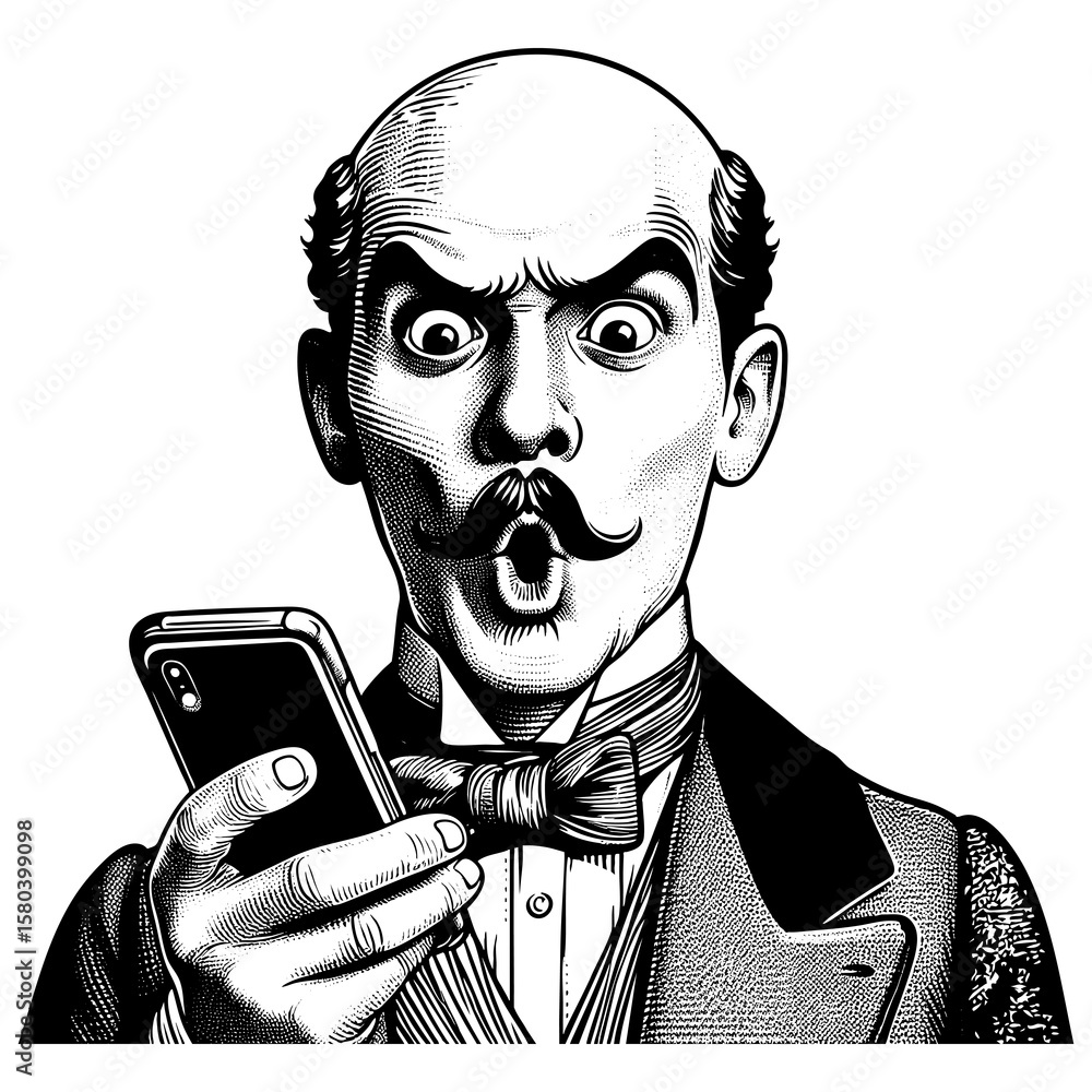 Poster funny furious bald man in formal attire glaring at a modern smartphone with visible frustration sket