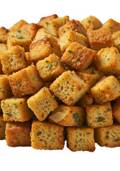 Isolated Crispy Golden Toasted Croutons with Herbs on Black Background