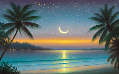 Obraz premium Crescent moon over ocean at twilight with palm trees